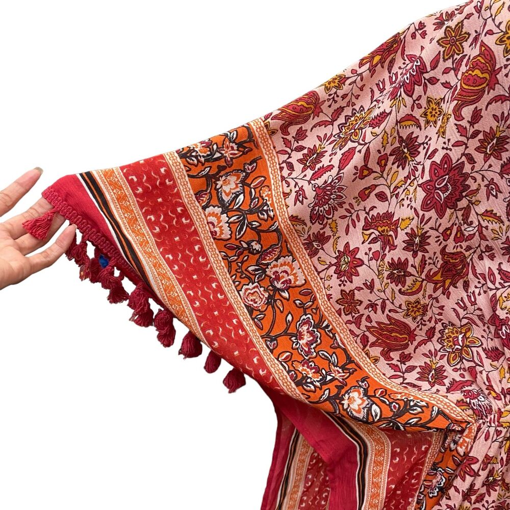 VINCE CAMUTO Pink Red Floral BoHo Tassel Open Front Kimono Beach Coverup - Picture 4 of 7